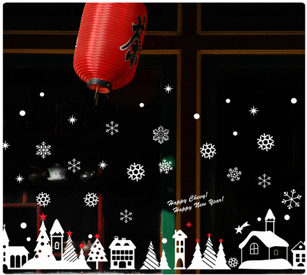 Decal noel thành phố tuyết (nền trắng đục)